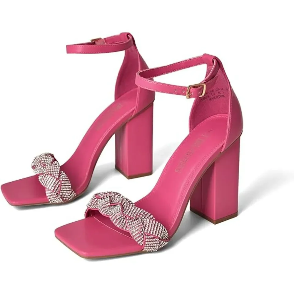 Women's Heels for Women Braided Open Toe Ankle Strap High Block Chunky Heels - Picture 4 of 6